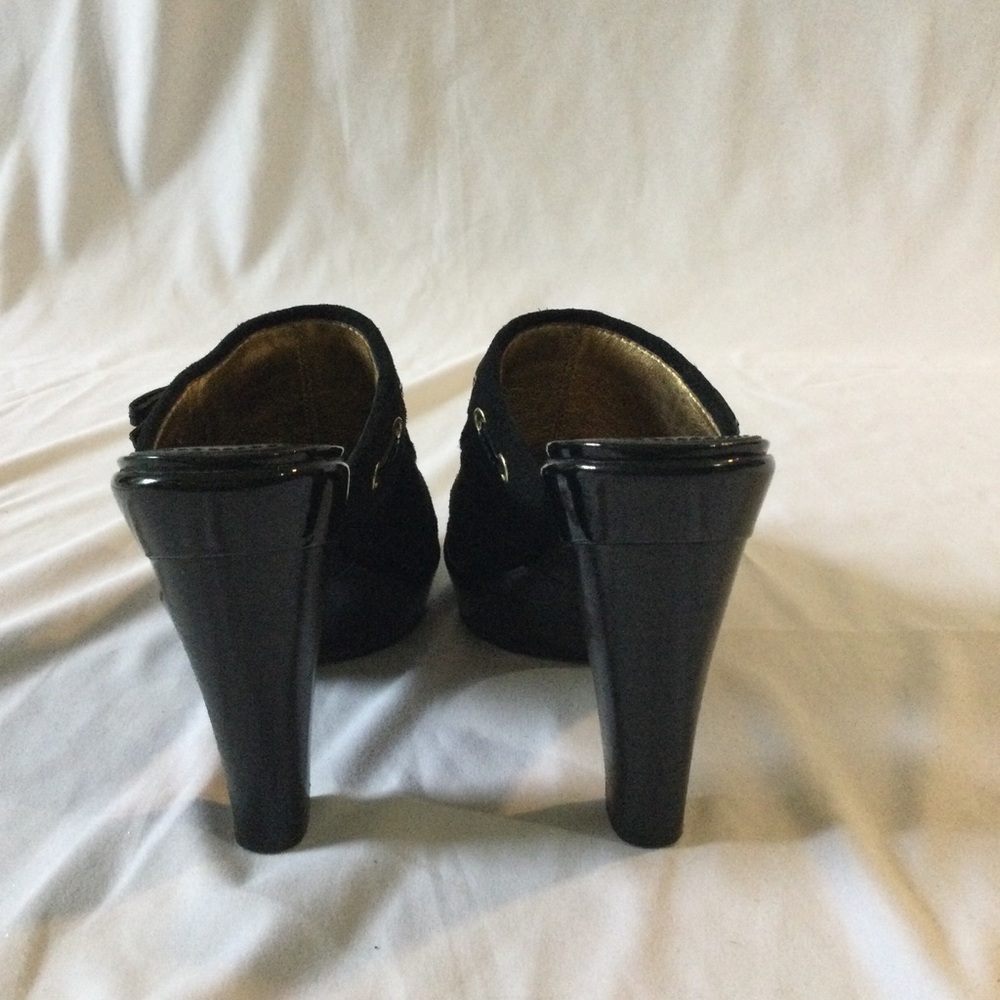 Coach Black Suede Platform Mule Heels with Gold Accent - Picture 5 of 7